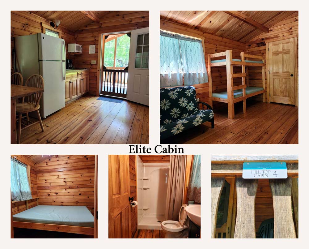 cabins inside shows one big bed room and two bunk bed for kids , whom want to spend some time with kids and a kitchen with living room a white fridge at panther lake camping resort