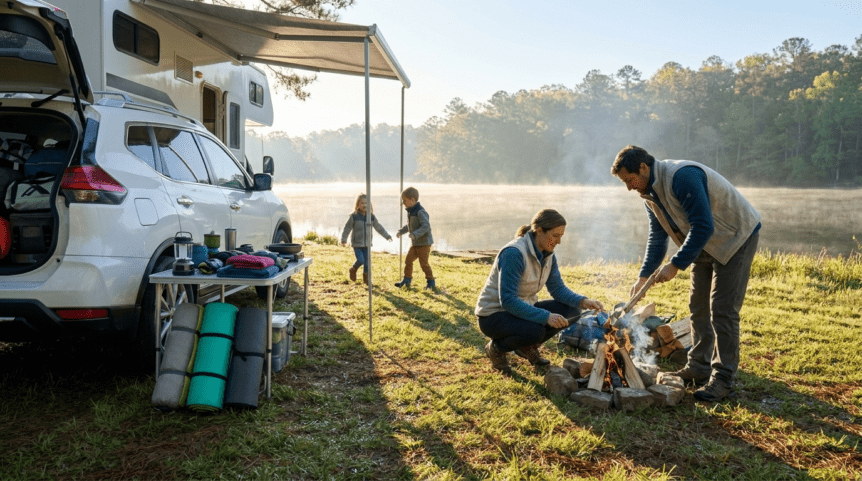 Family enjoying holiday camping beside an RV with a campfire, outdoor chairs, and a peaceful lakeside forest setting.