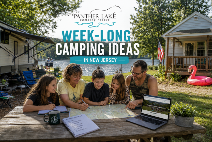 Family planning a week-long camping vacation at a New Jersey campground with RV and cabin options